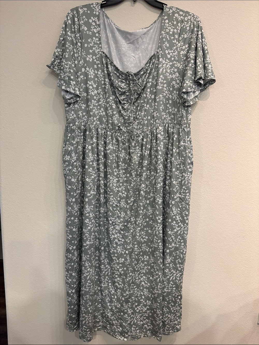 Floral Lace-Up Short Sleeve Midi Dress - Sage Green